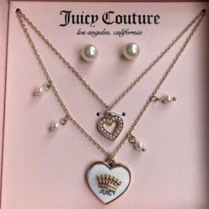 Juicy Couture Gold Tone Multistrand Faux Pearl Heart Necklace Stud Earrings Set